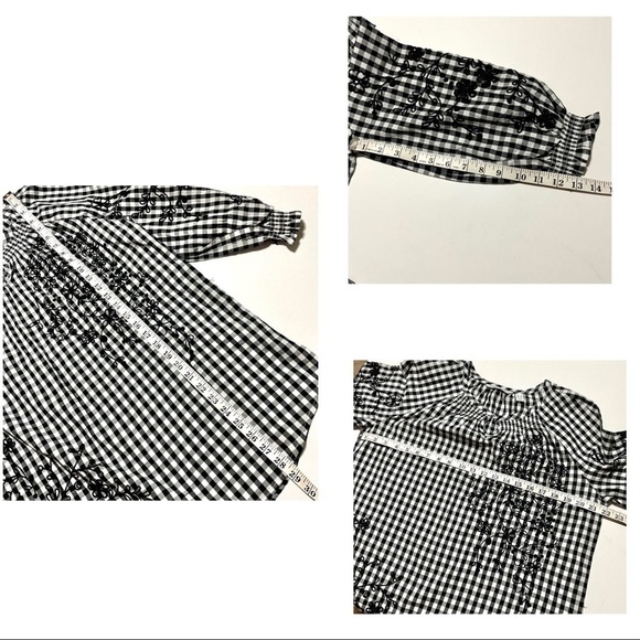 Black White Ginghamcore Prairie Embroidered Cotton Blouse Top Sz 8 Cottagecore - Picture 11 of 11